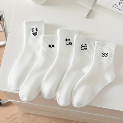 5 X weiße Crew Socks - Bequeme Cartoon Unisex Socken, Emojis, Neu!