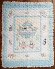 Vintage Noah  s Ark Baby Crib Quilt Quilted Blanket White Eyelet Lace Trim