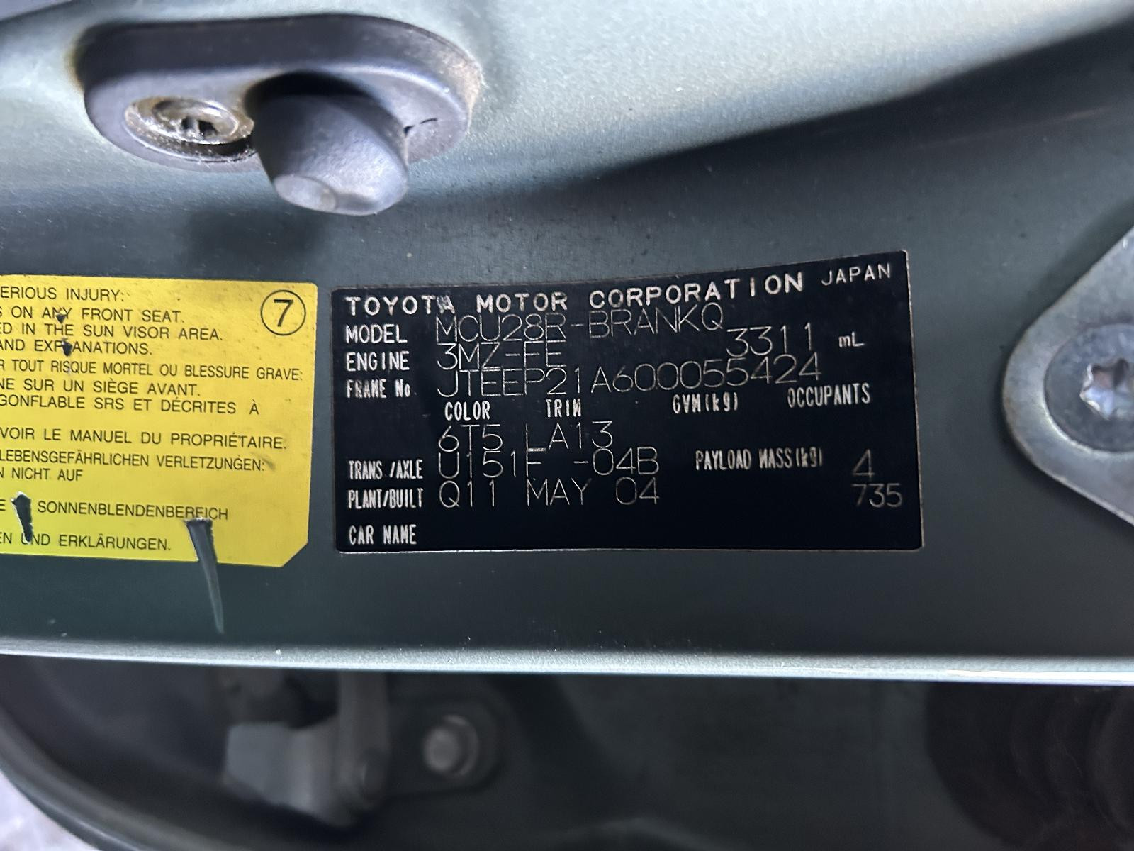Toyota Kluger Automatic Transmission 3.3L Petrol 3MZ-FE MCU28 01/2001-04/2007 - thumbnail 7