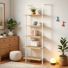 5-Tier Ladder Bookshelf - Wall Mounted Metal Frame Wood Storage Shelf Oak
