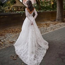 Full Lace A-Line Wedding Dresses Long Sleeves Appliques Bridal Gown Backless