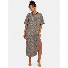 Lala Leopard Print T-Shirt Dress Oversized Ribbed Side Slit Tan L NWOT New