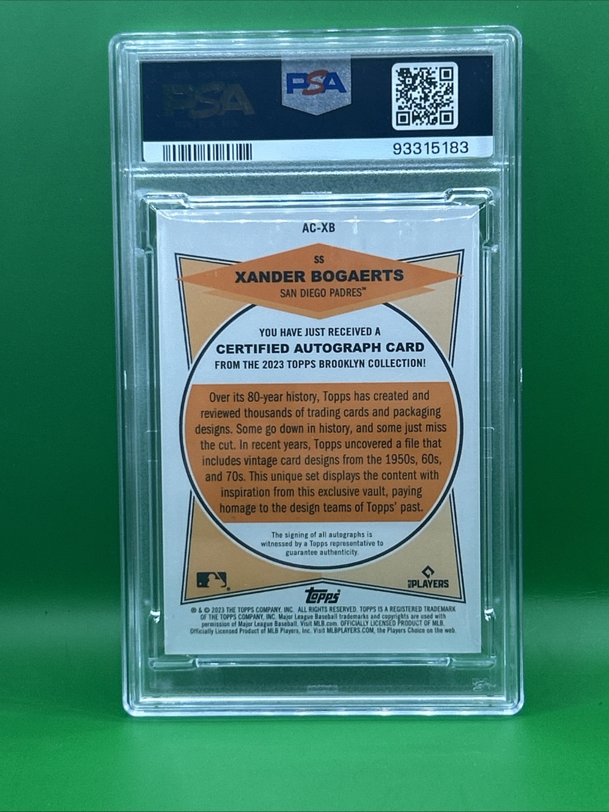 2023 Topps Brooklyn Collection Auto Xander Bogaerts 1/1 Platinum, PSA 9 view 2
