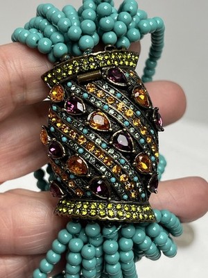 Vintage Heidi Daus Turquoise Multi Strand Bead Colored Rhinestone Clasp 7  READ*