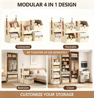 4 Tier Hanging Wardrobe Organizer Modular Storage Bins Closet Shelf Beige