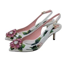 Dolce & Gabbana Jeweled Bellucci Floral Print Slingback Heels White Pink Size 35