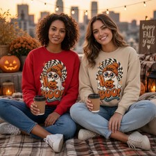 Cute Ghost Checkered Pumpkin BOO Sweatshirt Halloween Spooky Season Cozy Fall