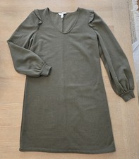 Nine West Women's S Green Knit Sweater Dress V-Neck Puff Long Sleeve Pockets