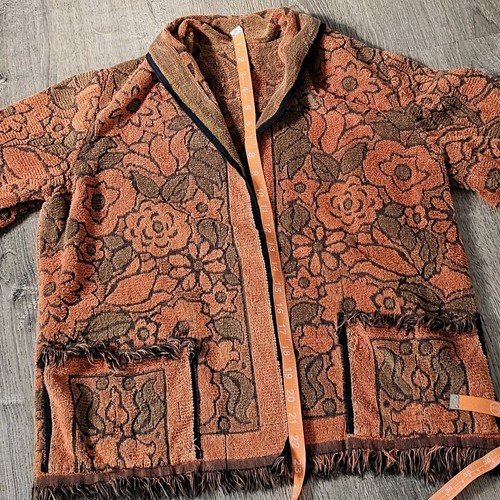Vintage 70s Terrycloth Towel Beach Cover Up Burnt Orange Fringe Jacket OS - Picture 12 of 13
