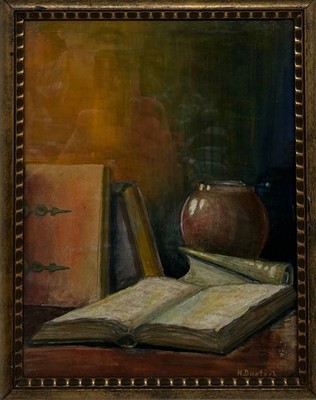 Aquarell Heino Duetsch Stillleben mit Buch und Vase 27,5 x 22 cm