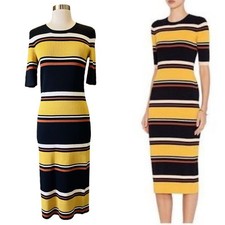 INTERMIX Wyatt Rib Knit Dress Striped Sweater Midi Half Sleeves Crew Medium EUC 