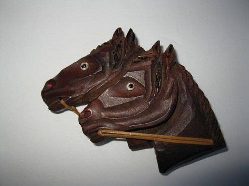 Vintage 1940s Hand Carved Wooden Double Horse Head