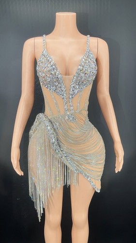 Vestido Corto de Malla con Flecos Brillantes Mujeres Noche de Cumpleaños Sexy Escenario Ropa - Imagen 9 de 13