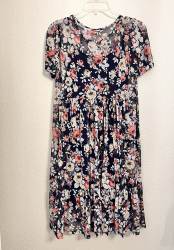 Wilde Mesh Dress Women L Navy Blue Floral Roses Short Sleeve Lined Empire Style - Picture 2 of 18