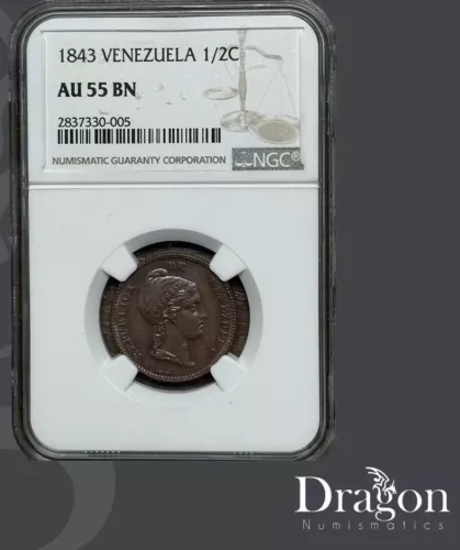 VENEZUELA  1843 - 1 /2 CENTAVO Liberty head right  AU 55 BN NGC 🇻🇪🐉