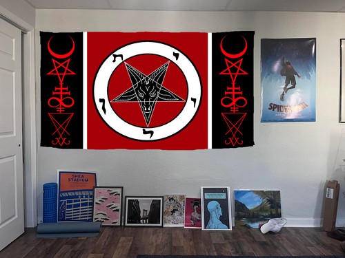 Wall Printed Fabric Satanic Flag Inverted Pentagram Satan Goat Sigil Lucifer Art - Picture 3 of 8