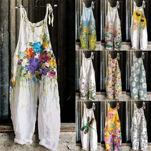 Women's Floral Jumpsuit Baggy Dungaree Ladies Summer Romper Playsuit Overalls UK