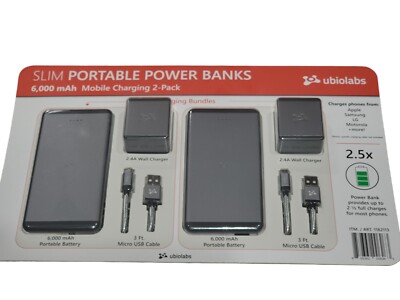 Ubio Labs 2-Pack Slim Portable Power Bank 6000mAh Mobile Charger Bundle - New
