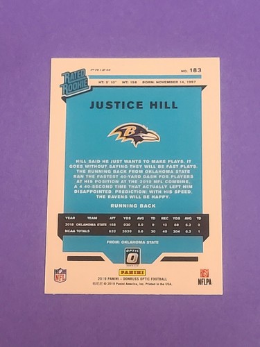 2019 Donruss Optic Football Justice Hill BRONZE RATED ROOKIE #183 RC - Picture 5 of 5