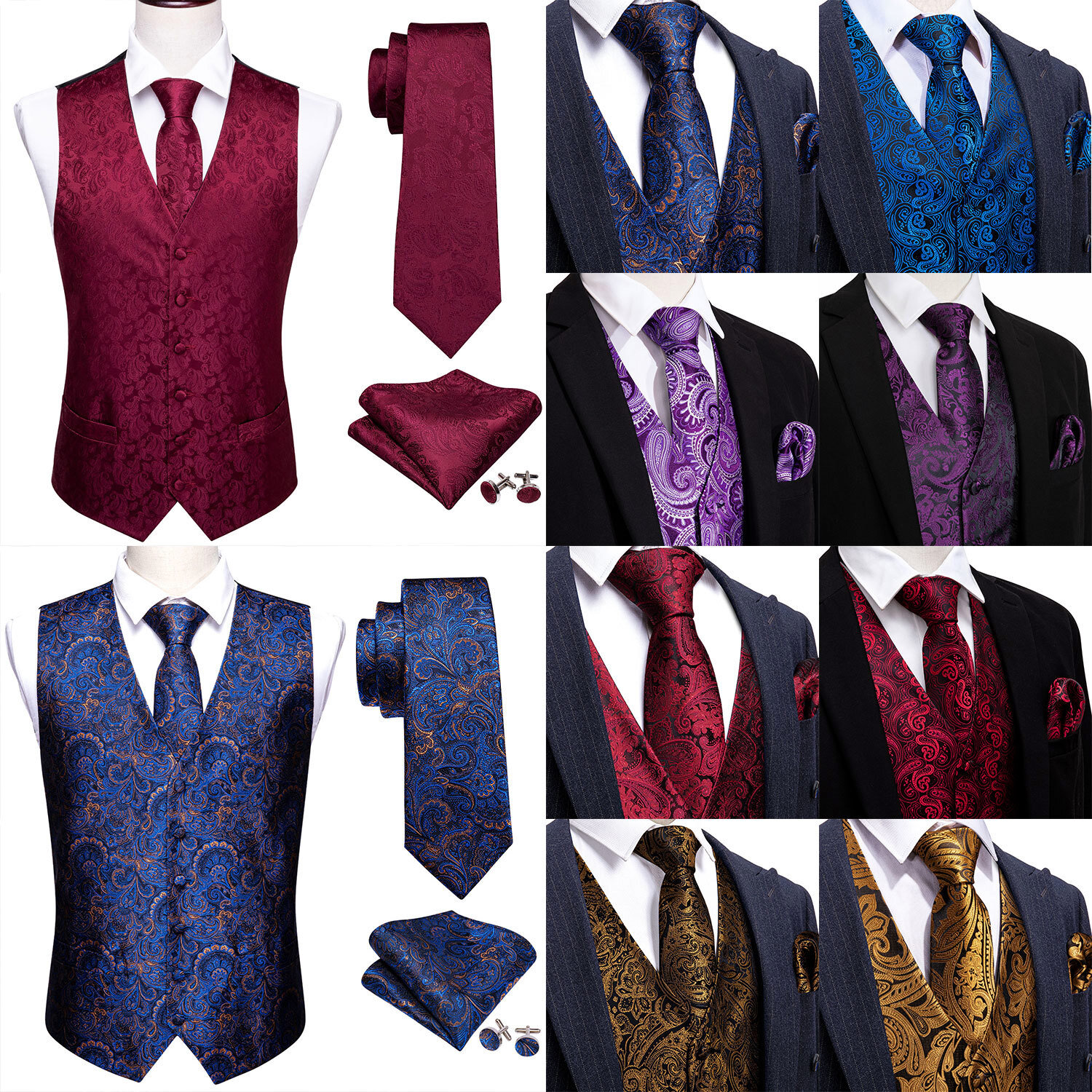 Mens Formal Wedding Waistcoat Floral Paisley Solid Suit Vest Tuxedo  Tie Set