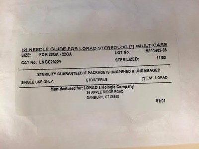 Lorad Biopsy System Needle Guide for 20GA - 22GA, LNGC2022Y, Sterilized: 11/02 