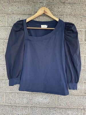 Nation Ltd Tori Asymetrical Puff Sleeve Top Peruvian Cotton Poplin Navy Blue XS