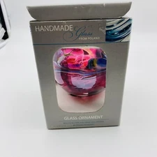 Zorza Poland Polish Hand Blown Handmade Glass Ball Ornament in Box Pink Blue