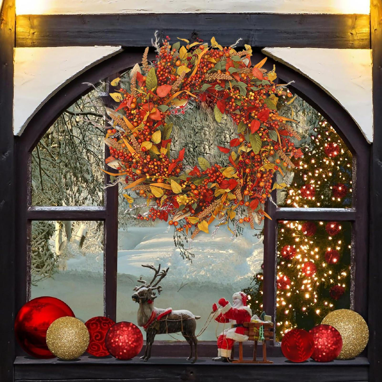 Fall Wreath Autumn Thanksgiving Decorative Wreath Harvest Artificial Leaf Decor