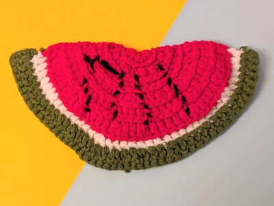 Knit Watermelon Pot Holder - Handmade Crochet Kitchen Decor Fruit Slice Homemade