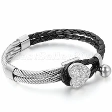 Womens Heart Charm Braided Leather Stainless Steel Bracelet Cuff Bangle 8.3 inch