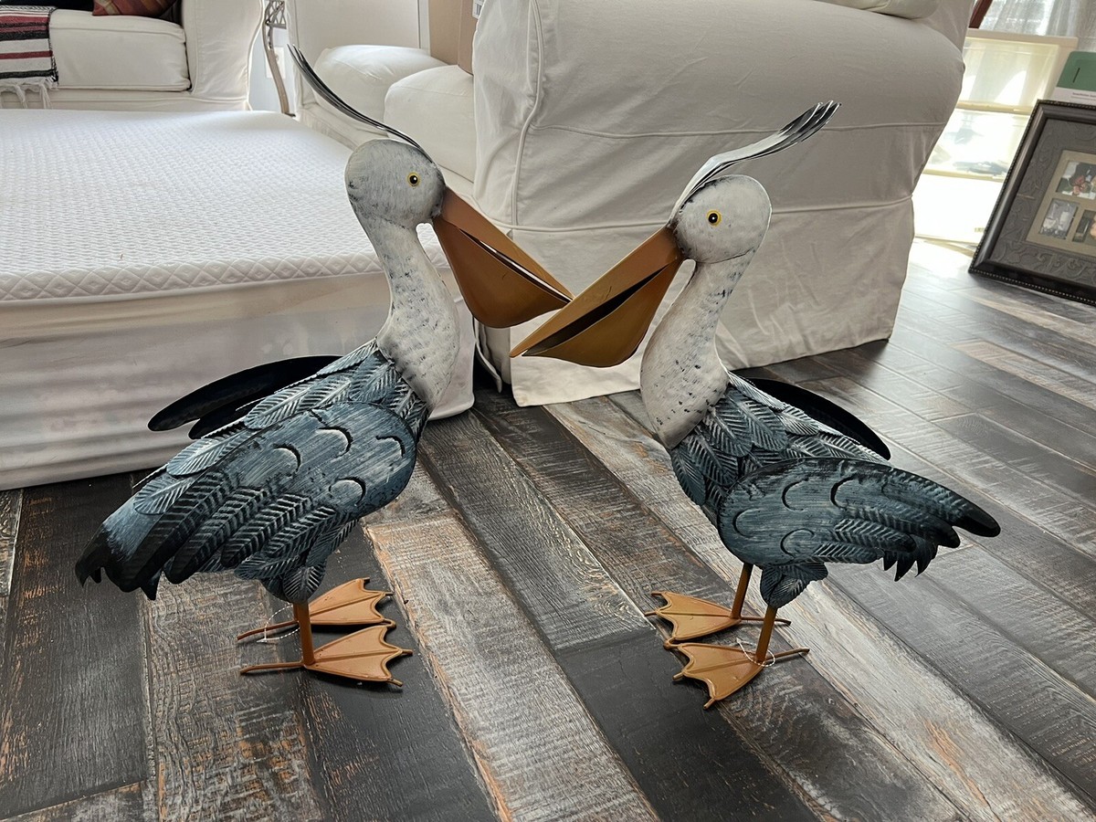 22” X 20” Metal Pelican Statue for Garden Decor Blue and White Lot