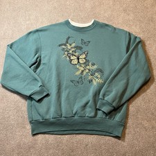 Morning Sun Top Stitch Green Sweatshirt Butterfly Embroidered Rhinestone L