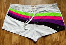 Vtg Op Ocean Pacific Womens Swim Shorts YOUTH XL White w Color Bands W-39''