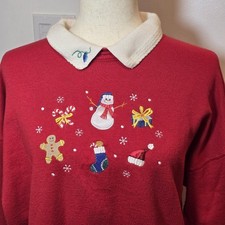 Vintage 90s Womens Red White Snowman Gingerbread Collared Christmas Sweatshirt L