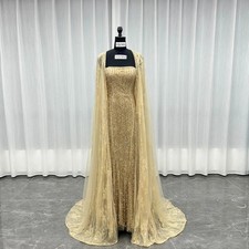 Champagne Gold Crystals Evening Dresses With Shawl Lace Beaded Formal Gown