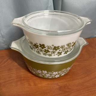 Pyrex Crazy Daisy Spring Blossom Avocado Green 1.5 And 2.5 Qt With Lids