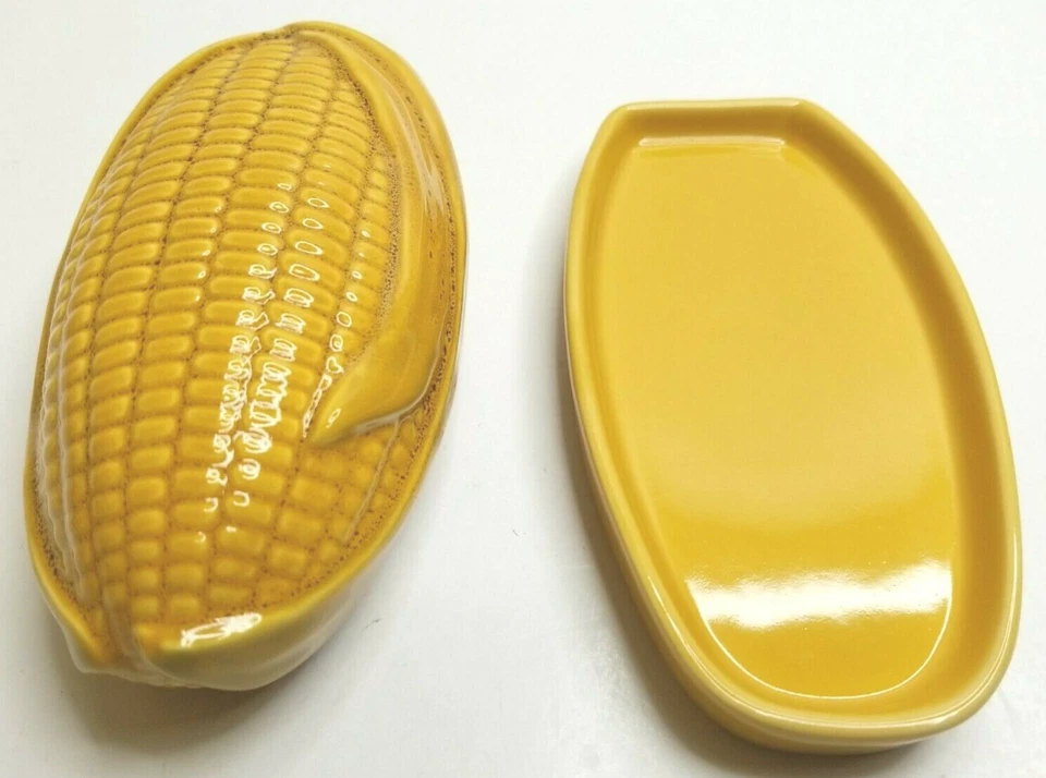 Pottery Barn Corn On The Cob Yellow Lidded Maize Butter Dish Glass Stoneware - Image 3 of 4