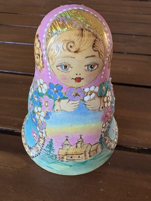 Vintage Russian Matryoshka Hand Painted Chime Wobble Bell Doll Roly Poly 4 3/4 