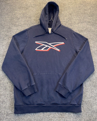 Reebok Navy Logo Pullover Hoodie Men s Size Medium Fleece Pocket Sweatshirt