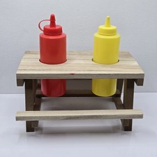 Mini Picnic Unfinished Wood Table Condiment Holder W Ketchup & Mustard Bottles 