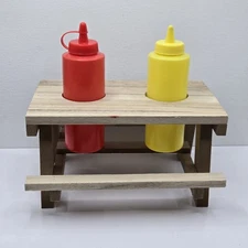 Mini Picnic Unfinished Wood Table Condiment Holder W Ketchup & Mustard Bottles 