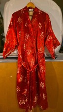 Vintage Tangyu Red Gold Satin Kimono Robe Calligraphy Chinese Dressing Gown