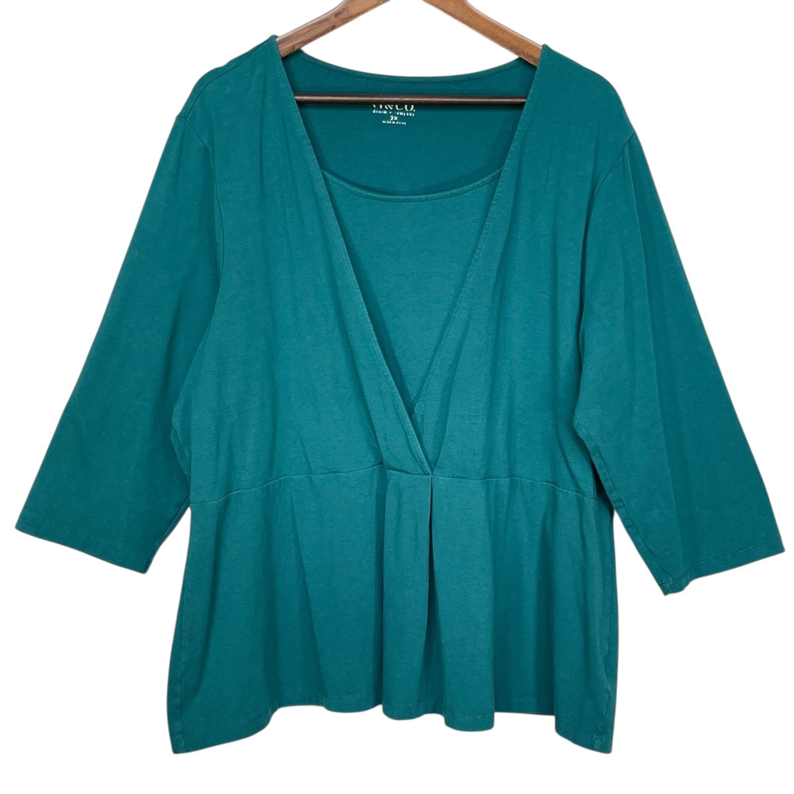 Denim & Co  Faux Wrap Top Size 2X Teal Crossover Perfect Jersey Faux Tank Peplum