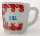 Vintage Westfield Red & White Gingham Milk Glass Checkered Mug Monogram BILL