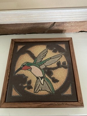 Vintage Hummingbird Ceramic Tile Wall Plaque Wood Frame Mid Century Boho Decor