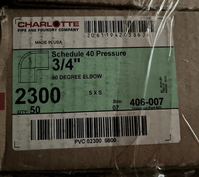 #ad Box Of 50 Charlotte 406 007 PVC 90° ELBOW 3 4quot; Schedule 40 Pressure Fitting $40.00