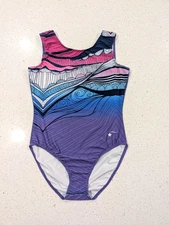 BEAUTIFUL Destira AM Medium Gymnastics Dance Leotard Purple Blue ARTWORK Swirls