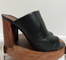 Tory Burch Raya Black LEATHER Open Toe Slip On Wood Block Heels size 7 Mules