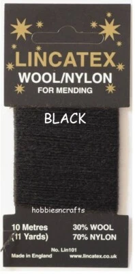 BLACK Thread for Darning & Mending Lincatex - 30% Wool 70% Nylon 10 Metres