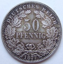 Münze Deutsches Reich Kaiserreich Silber 50 Pfennig 1877 G in fast Stempelglanz